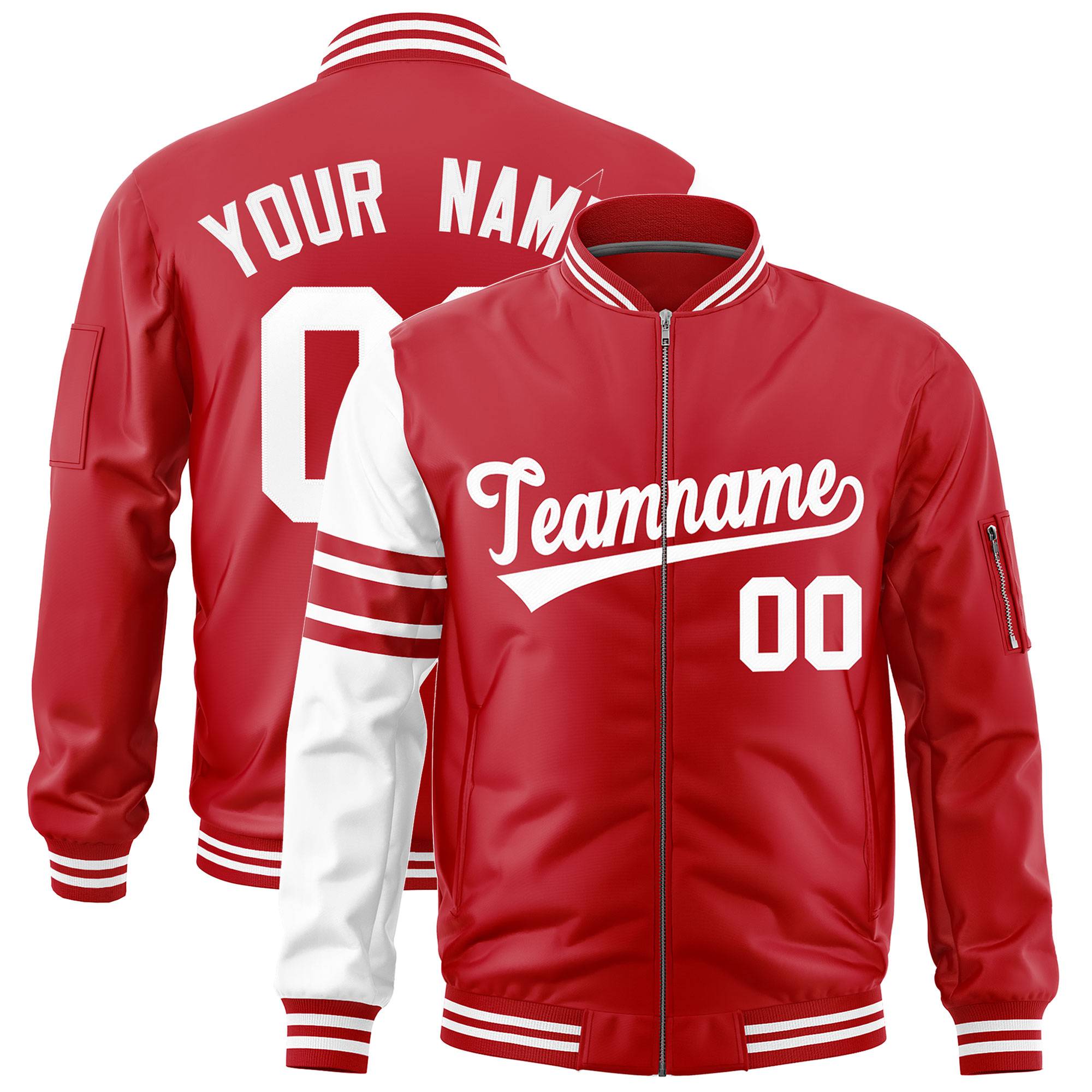 Custom Red White Varsity Full-Zip Raglan Sleeves Stripe Letterman Bomber Jacket