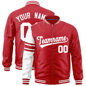 Custom Red White Varsity Full-Zip Raglan Sleeves Stripe Letterman Bomber Jacket