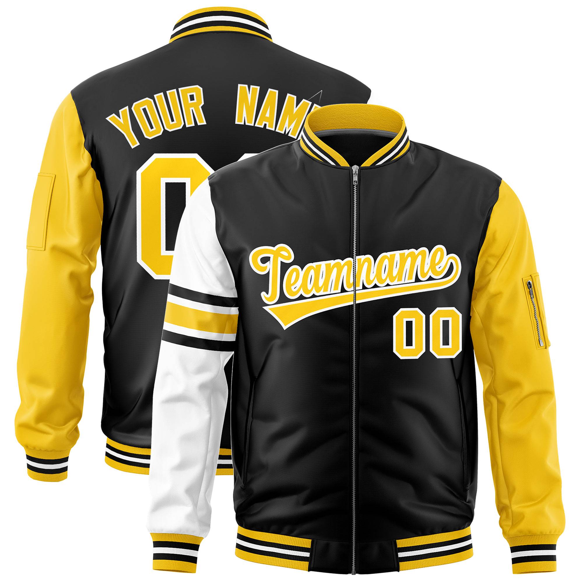 Custom Black Gold-White Varsity Full-Zip Raglan Sleeves Stripe Letterman Bomber Jacket