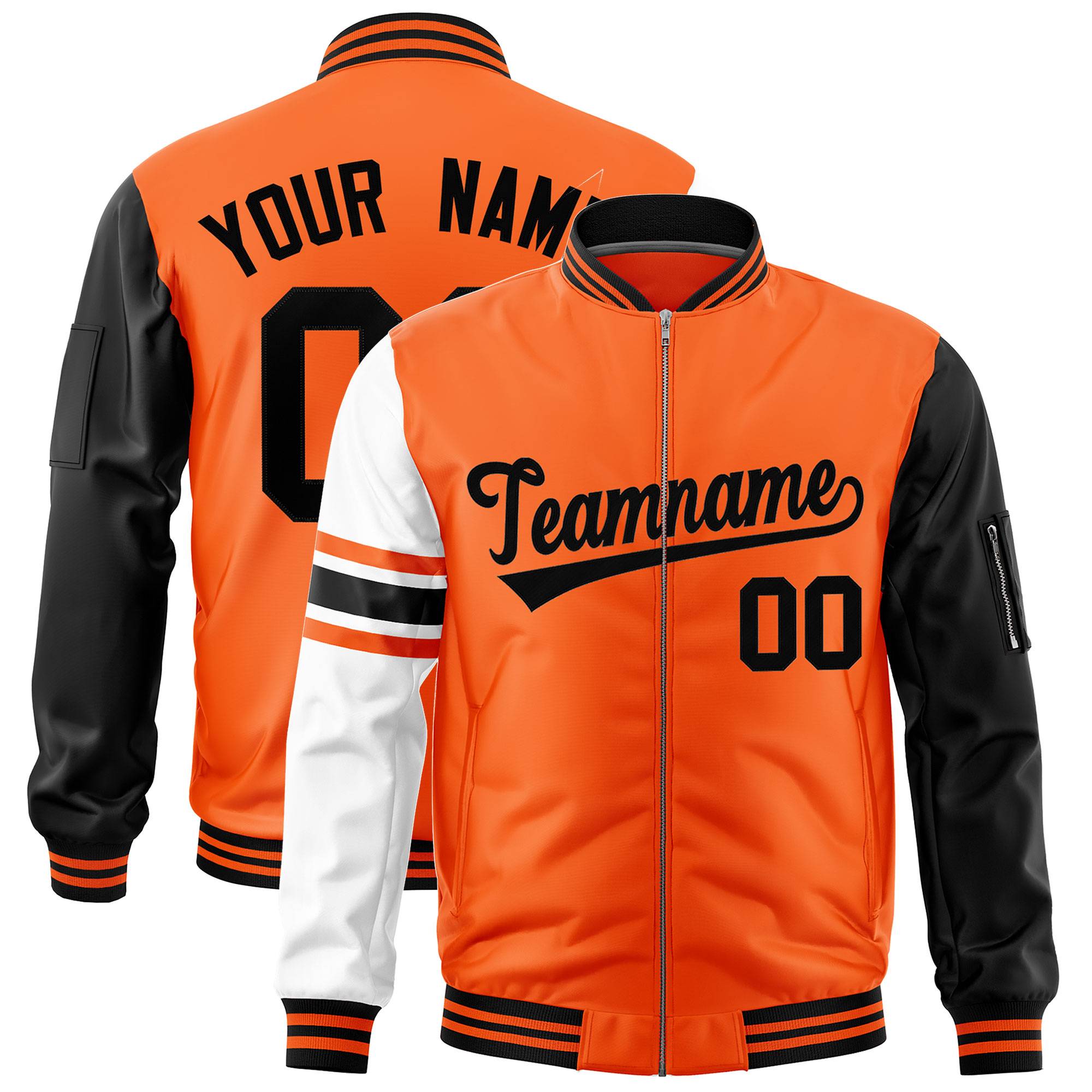 Custom Orange Black-White Varsity Full-Zip Raglan Sleeves Stripe Letterman Bomber Jacket