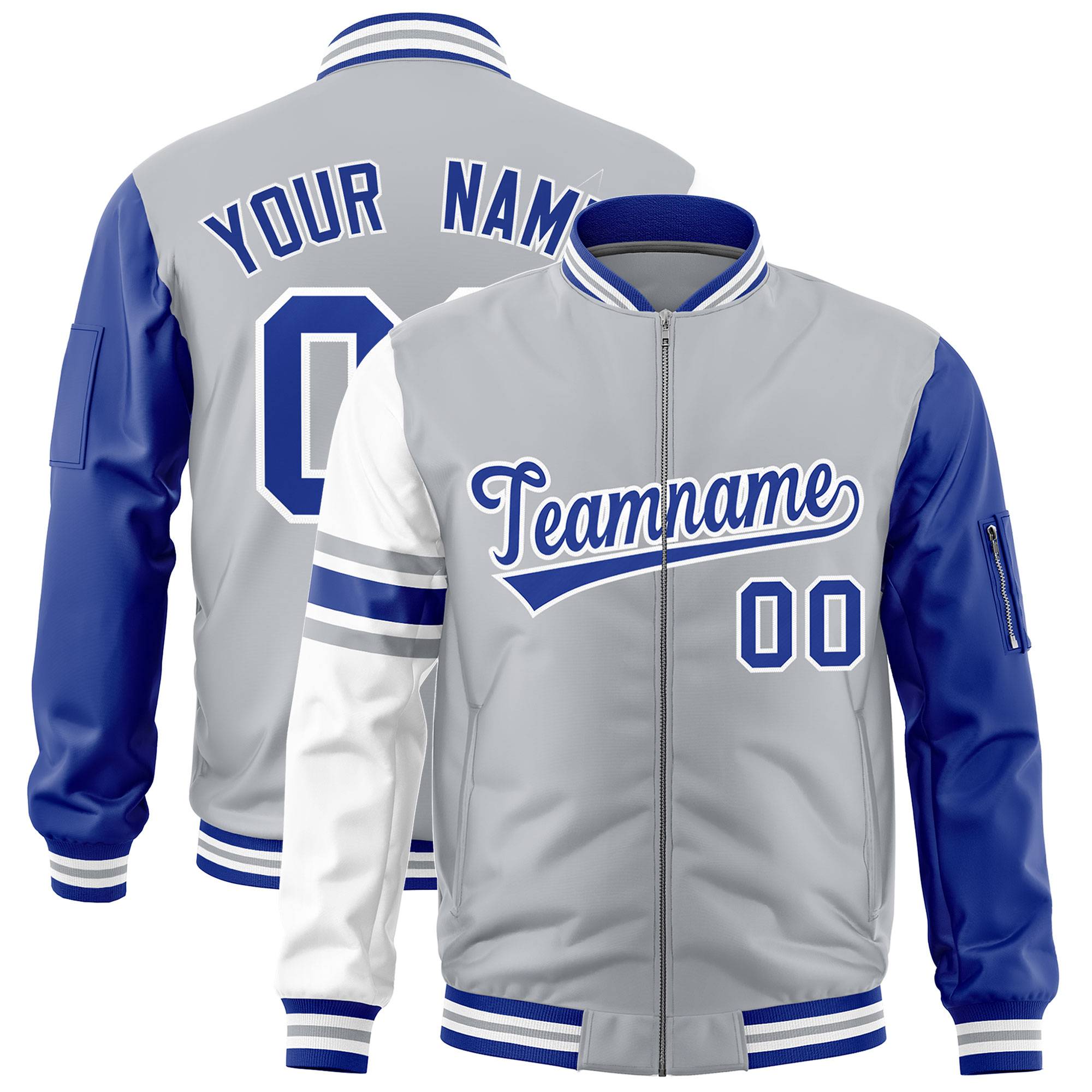 Custom Silver Royal-White Varsity Full-Zip Raglan Sleeves Stripe Letterman Bomber Jacket