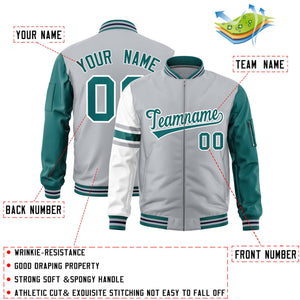 Custom Silver Aqua-White Varsity Full-Zip Raglan Sleeves Stripe Letterman Bomber Jacket