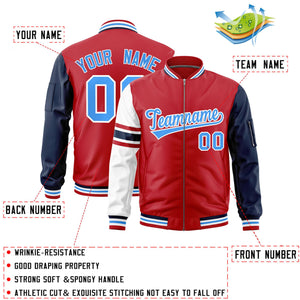 Custom Red Navy-White Varsity Full-Zip Raglan Sleeves Stripe Letterman Bomber Jacket