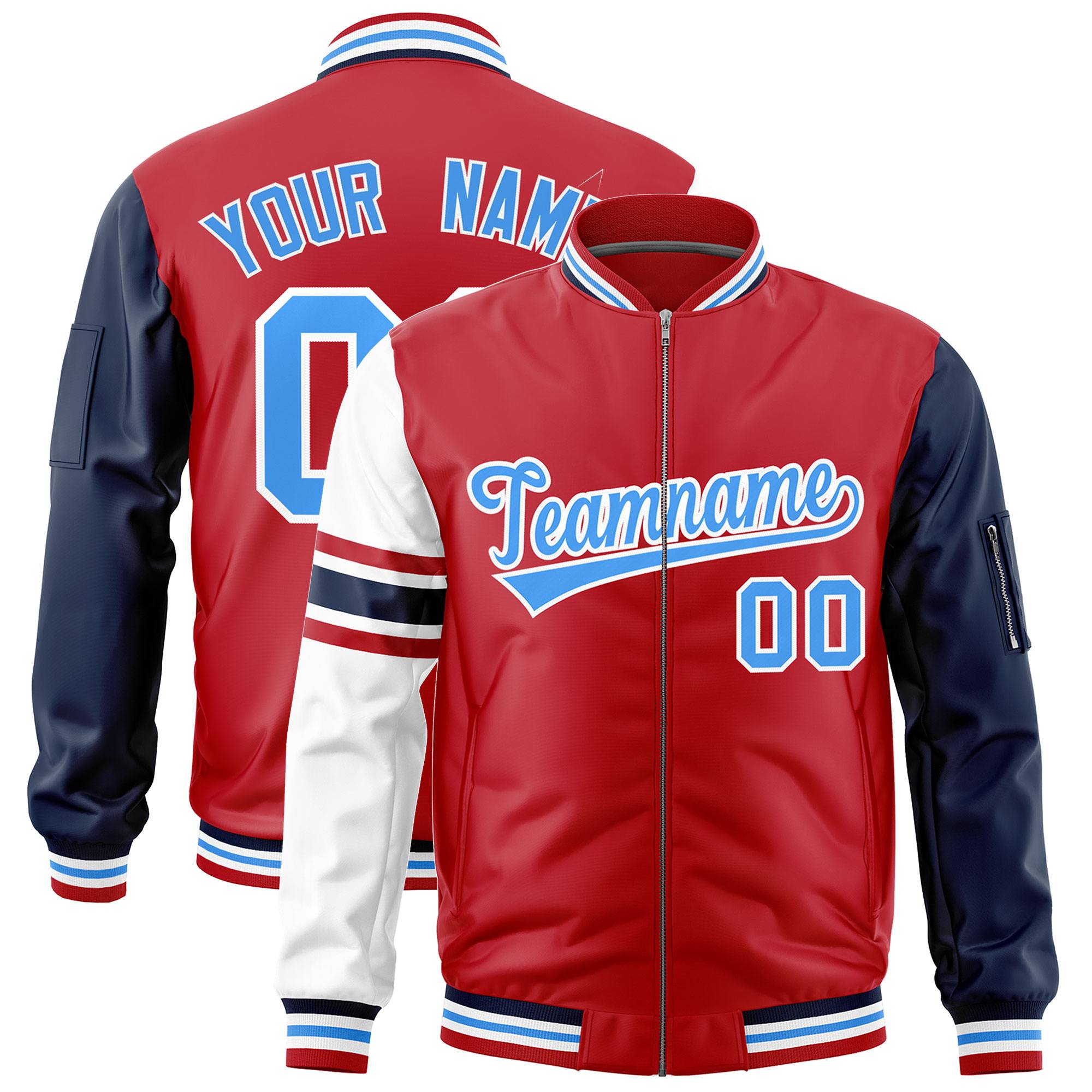 Custom Red Navy-White Varsity Full-Zip Raglan Sleeves Stripe Letterman Bomber Jacket