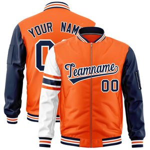 Custom Orange Navy-White Varsity Full-Zip Raglan Sleeves Stripe Letterman Bomber Jacket