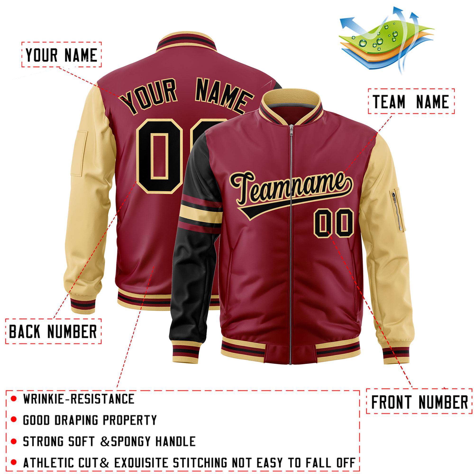 Custom Crimson Black-Khaki Varsity Full-Zip Raglan Sleeves Stripe Letterman Bomber Jacket