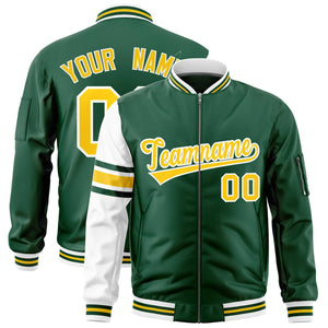 Custom Green White Varsity Full-Zip Raglan Sleeves Stripe Letterman Bomber Jacket