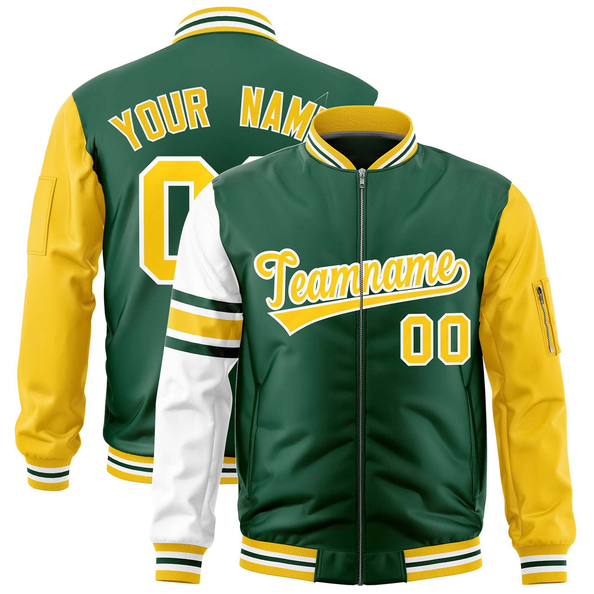 Custom Green Gold-White Varsity Full-Zip Raglan Sleeves Stripe Letterman Bomber Jacket