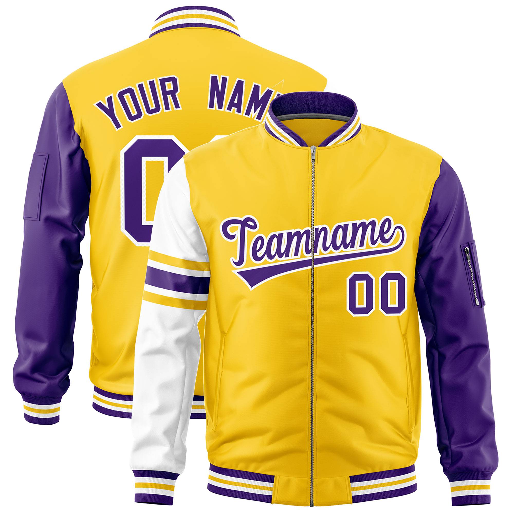 Custom Gold Purple-White Varsity Full-Zip Raglan Sleeves Stripe Letterman Bomber Jacket