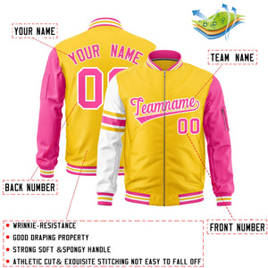 Custom Gold Pink-White Varsity Full-Zip Raglan Sleeves Stripe Letterman Bomber Jacket