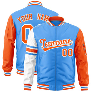 Custom Powder Blue Orange-White Varsity Full-Zip Raglan Sleeves Stripe Letterman Bomber Jacket