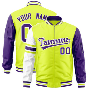 Custom Fluorescent Green Purple-White Varsity Full-Zip Raglan Sleeves Stripe Letterman Bomber Jacket