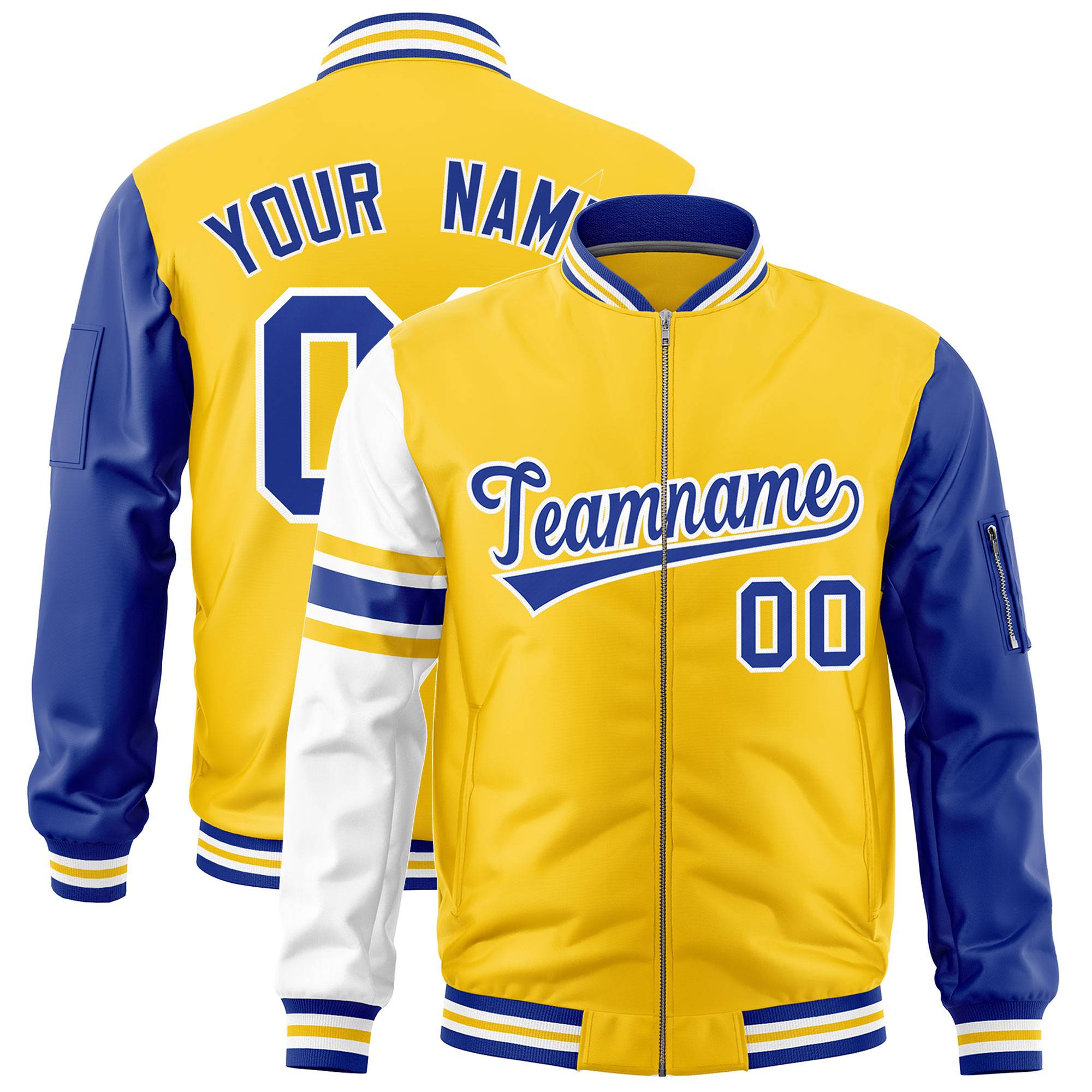 Custom Gold Royal-White Varsity Full-Zip Raglan Sleeves Stripe Letterman Bomber Jacket