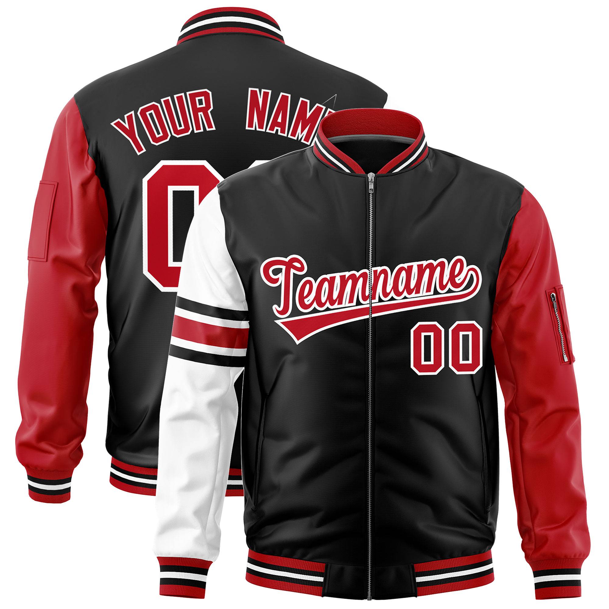 Custom Black Red-White Varsity Full-Zip Raglan Sleeves Stripe Letterman Bomber Jacket