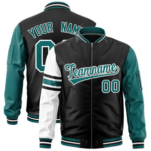 Custom Black Aqua-White Varsity Full-Zip Raglan Sleeves Stripe Letterman Bomber Jacket