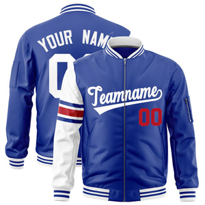 Custom Royal White Varsity Full-Zip Raglan Sleeves Stripe Letterman Bomber Jacket