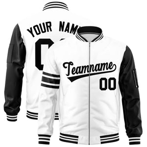 Custom White Black Varsity Full-Zip Raglan Sleeves Stripe Letterman Bomber Jacket