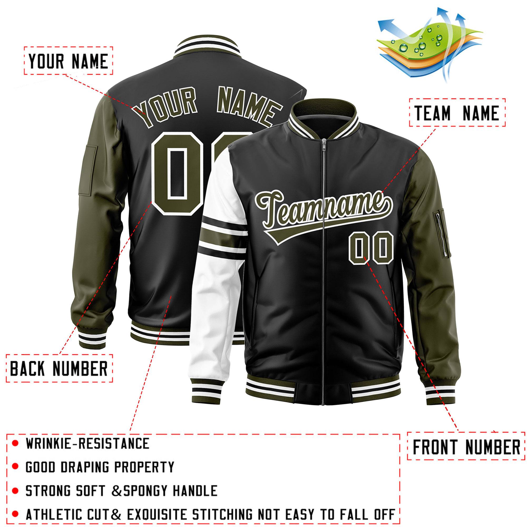 Custom Black Olive-White Varsity Full-Zip Raglan Sleeves Stripe Letterman Bomber Jacket