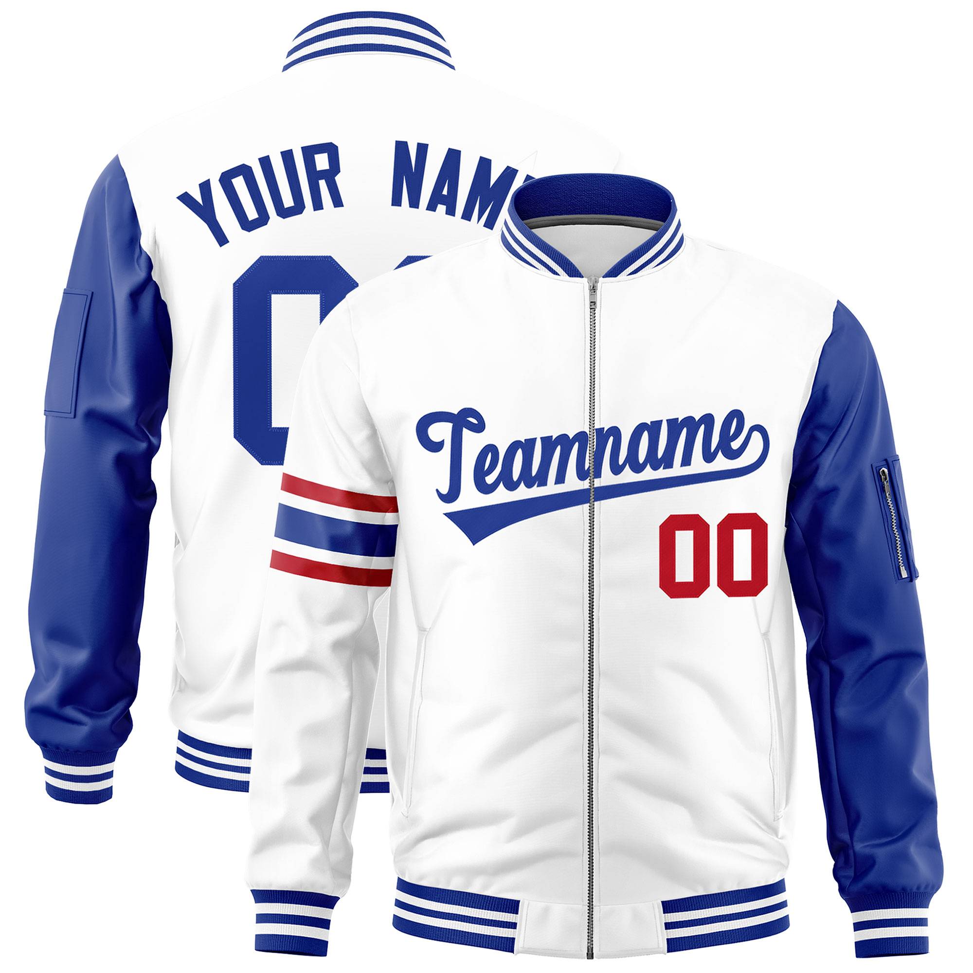 Custom White Royal Varsity Full-Zip Raglan Sleeves Stripe Letterman Bomber Jacket