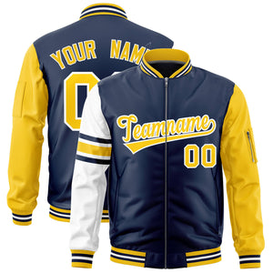 Custom Navy Gold-White Varsity Full-Zip Raglan Sleeves Stripe Letterman Bomber Jacket