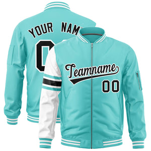 Custom Bright Green White Varsity Full-Zip Raglan Sleeves Stripe Letterman Bomber Jacket