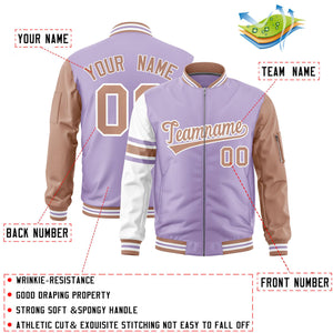 Custom Light Purple Coffee Brown-White Varsity Full-Zip Raglan Sleeves Stripe Letterman Bomber Jacket