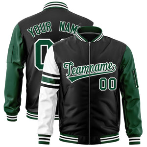 Custom Black Green-White Varsity Full-Zip Raglan Sleeves Stripe Letterman Bomber Jacket