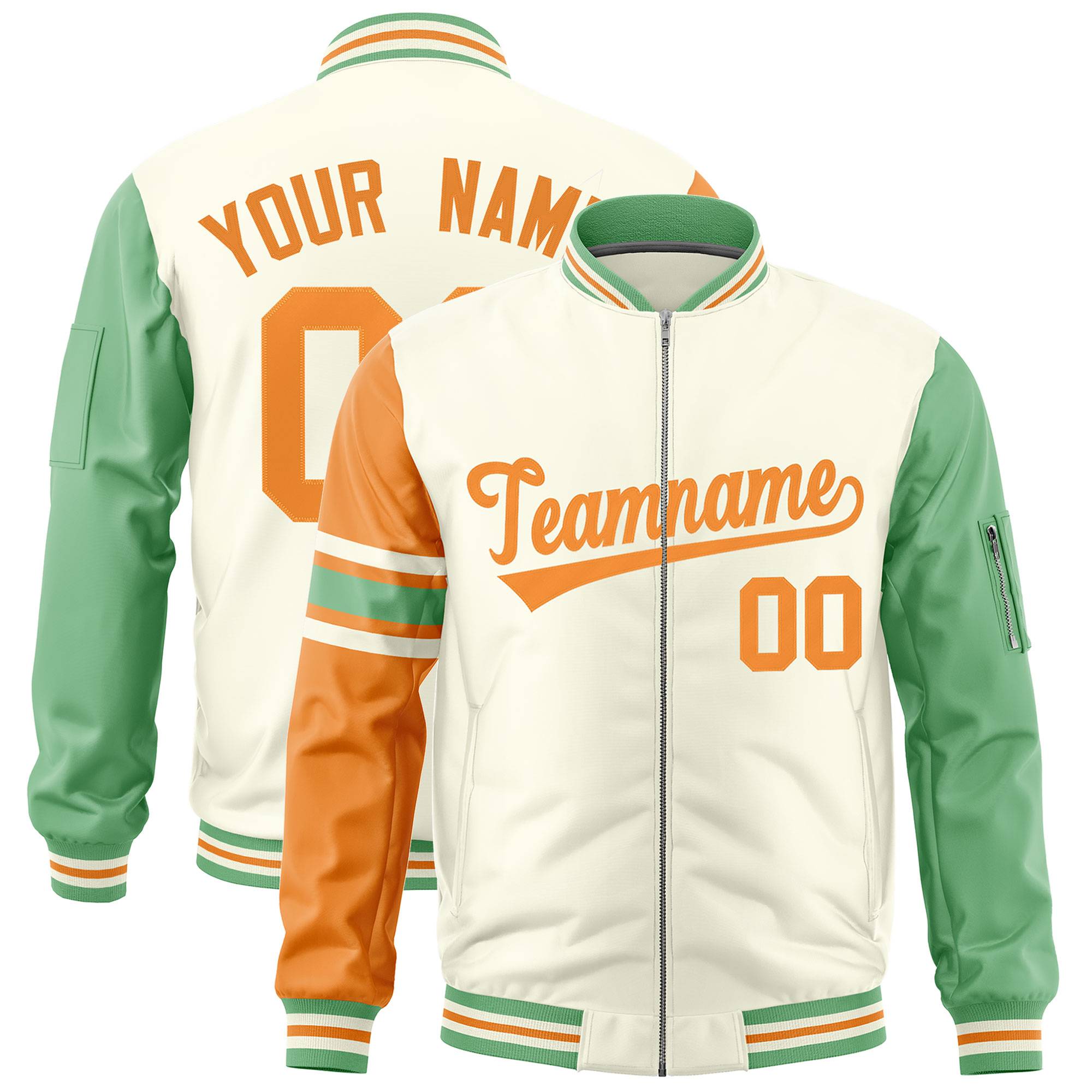 Custom Cream Orange-Green Varsity Full-Zip Raglan Sleeves Stripe Letterman Bomber Jacket