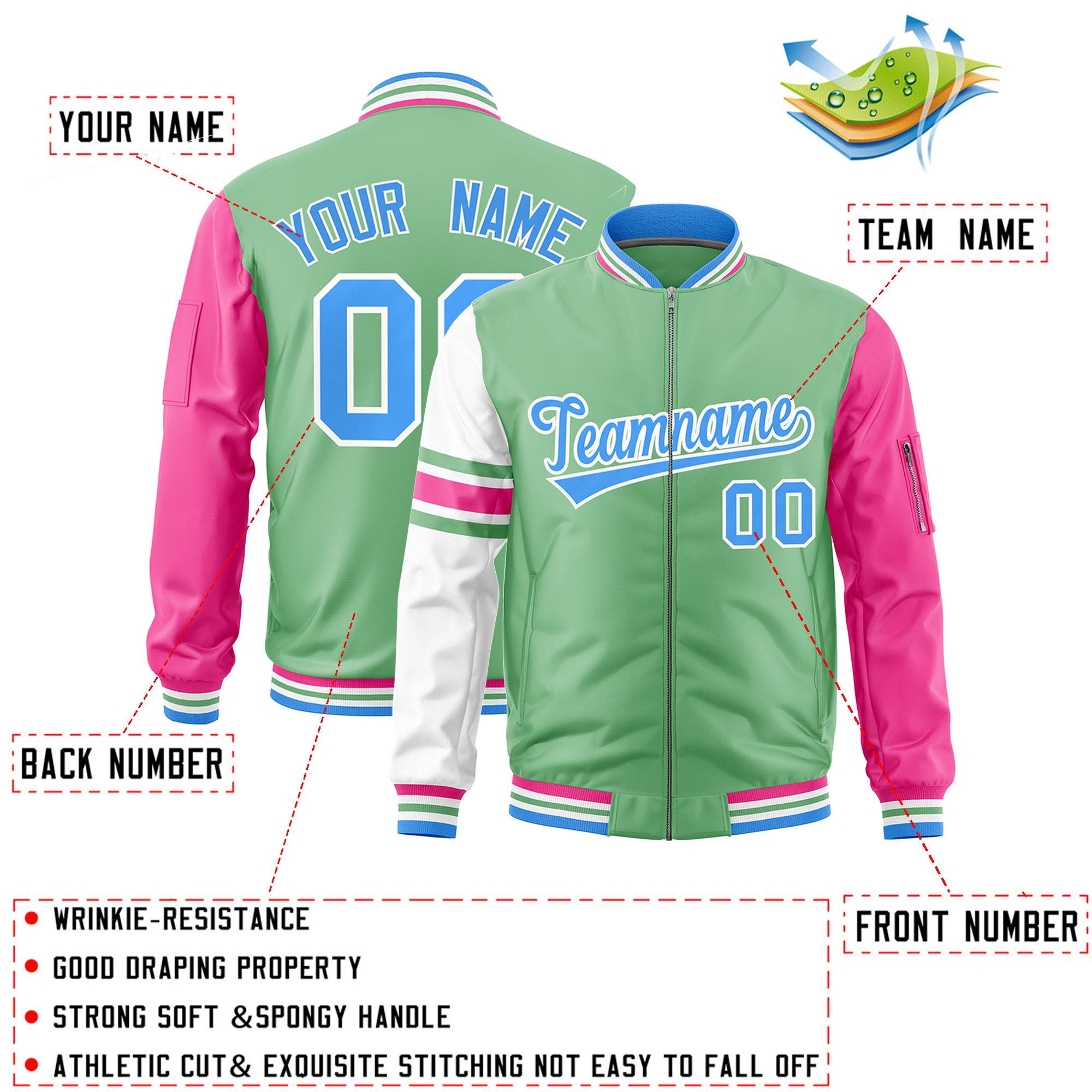 Custom Light Green Pink-White Varsity Full-Zip Raglan Sleeves Stripe Letterman Bomber Jacket