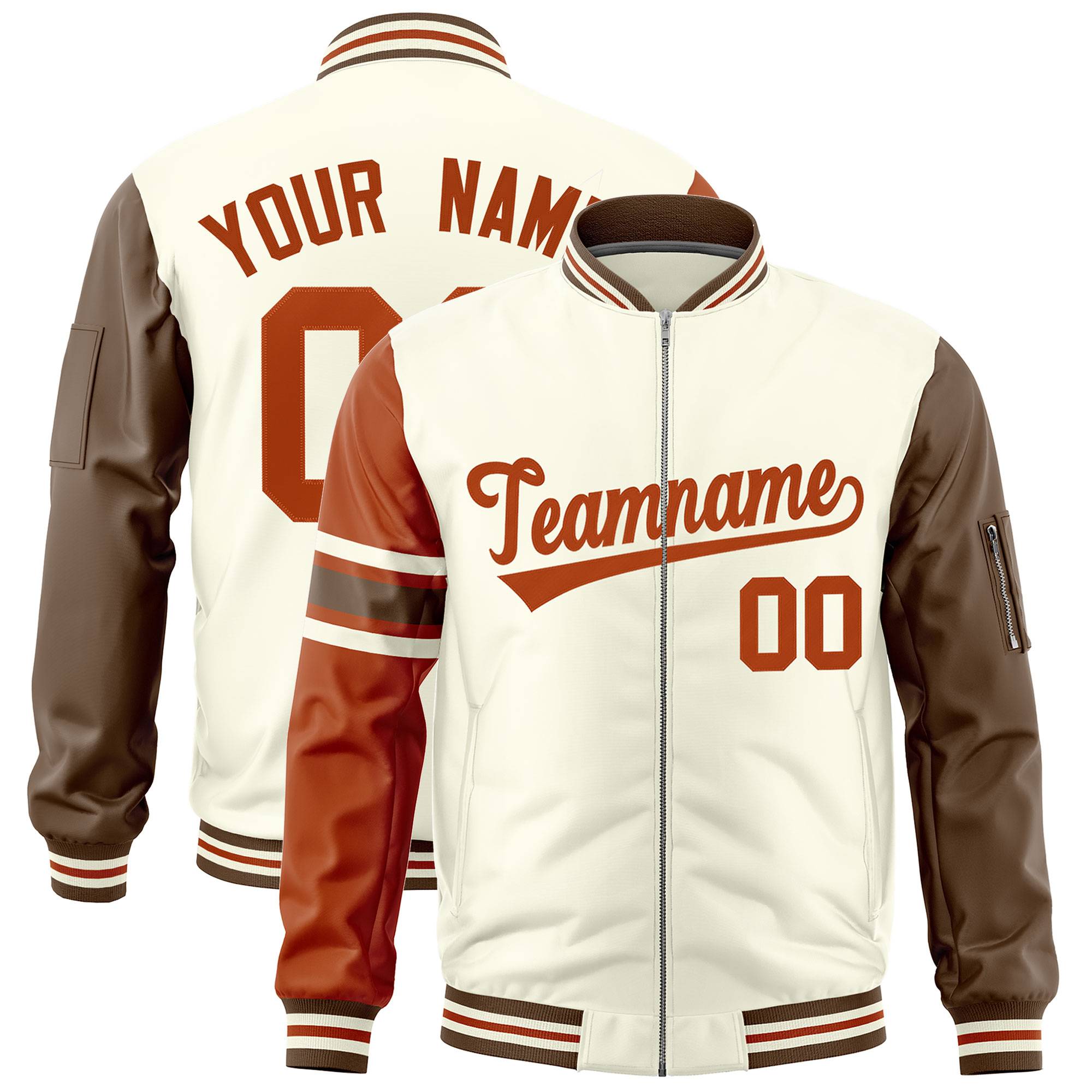 Custom Cream Texas Orange-Light Brown Varsity Full-Zip Raglan Sleeves Stripe Letterman Bomber Jacket