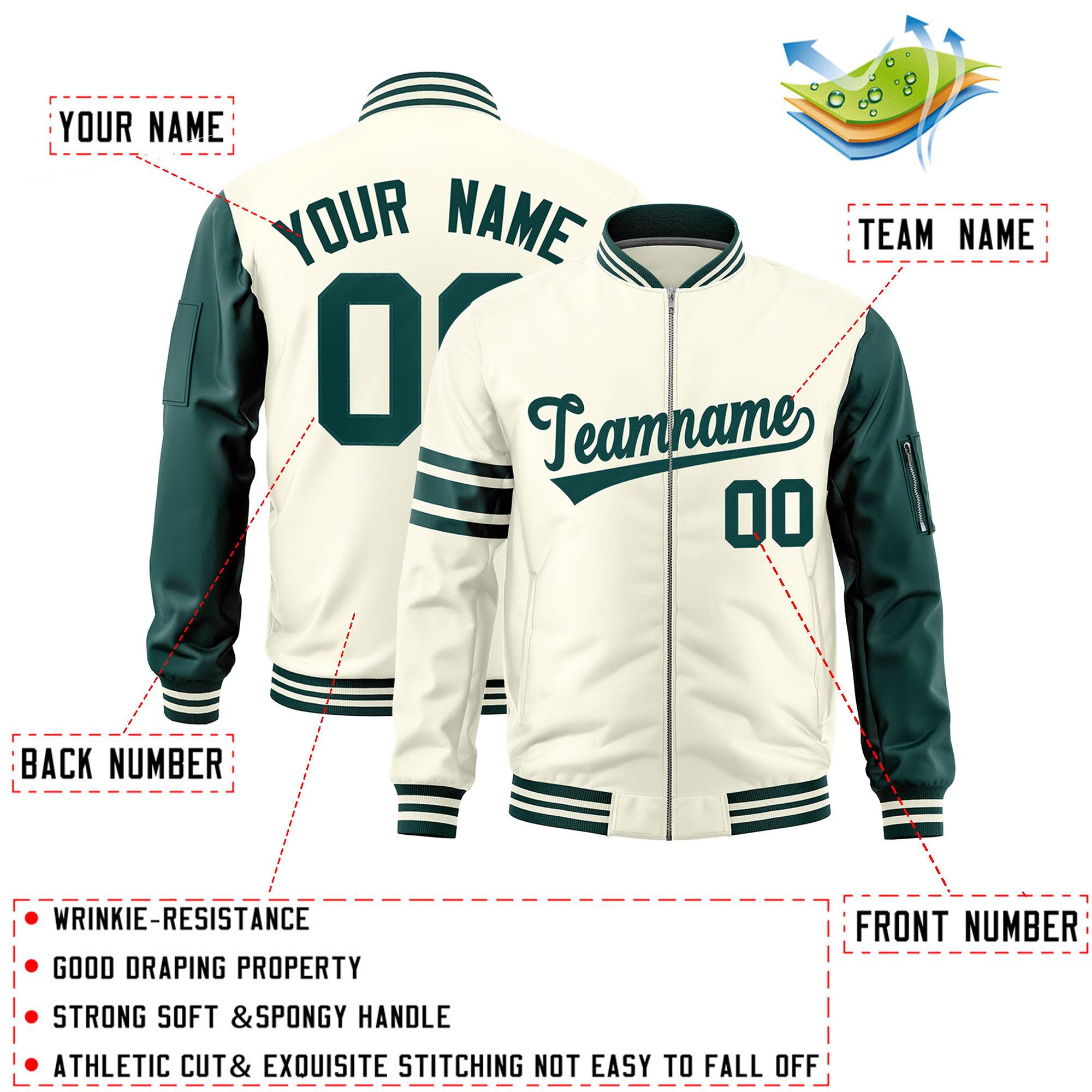 Custom Cream Midnight Green Varsity Full-Zip Raglan Sleeves Stripe Letterman Bomber Jacket