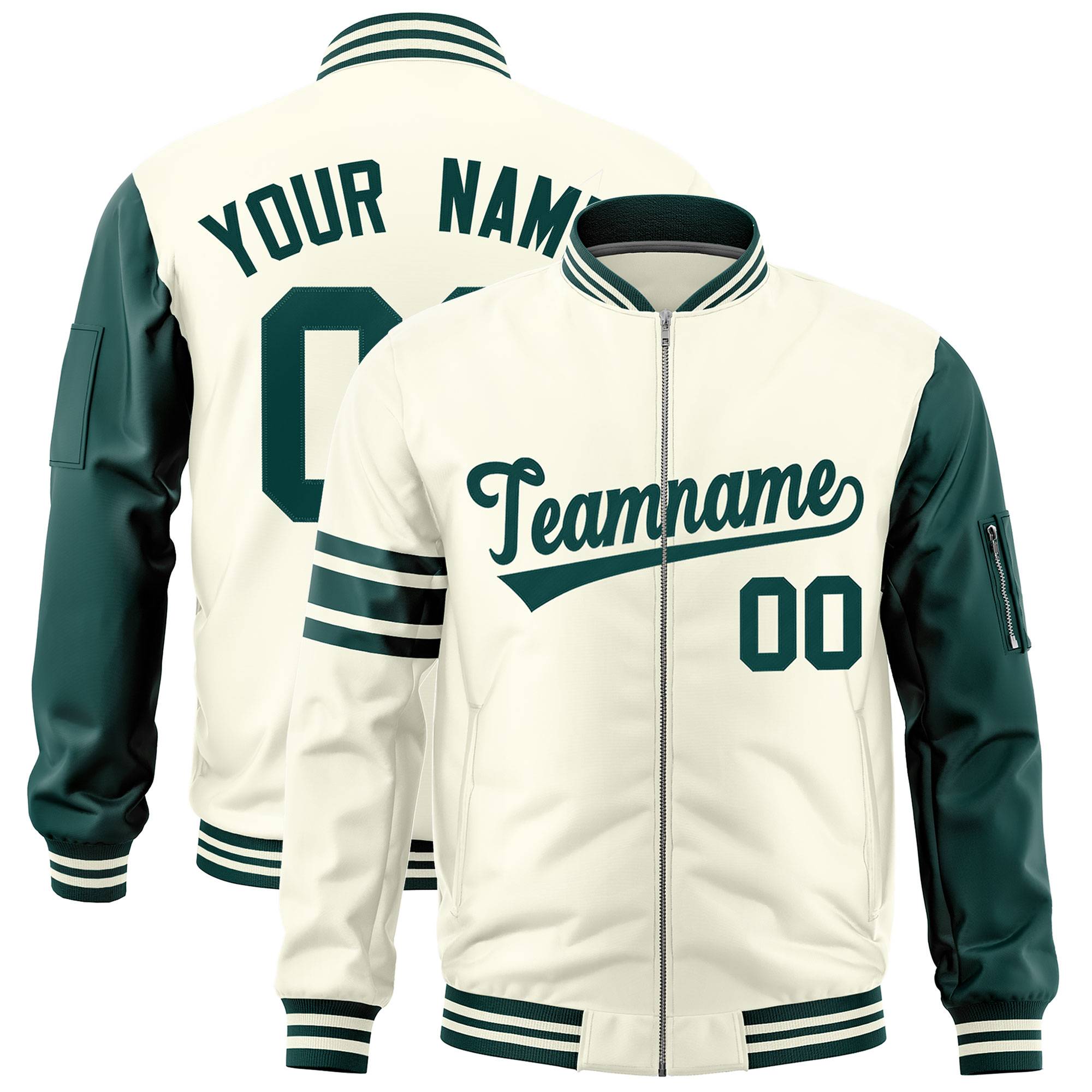 Custom Cream Midnight Green Varsity Full-Zip Raglan Sleeves Stripe Letterman Bomber Jacket