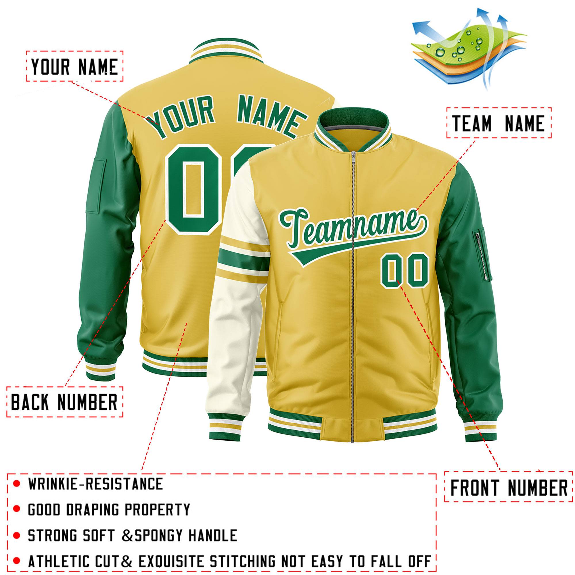 Custom Old Gold Kelly Green-White Varsity Full-Zip Raglan Sleeves Stripe Letterman Bomber Jacket