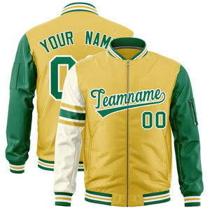 Custom Old Gold Kelly Green-White Varsity Full-Zip Raglan Sleeves Stripe Letterman Bomber Jacket