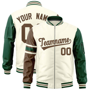 Custom Cream Light Brown-Green Varsity Full-Zip Raglan Sleeves Stripe Letterman Bomber Jacket