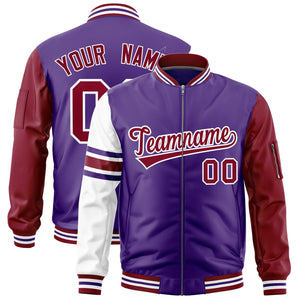 Custom Purple Crimson-White Varsity Full-Zip Raglan Sleeves Stripe Letterman Bomber Jacket