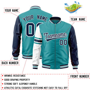 Custom Aqua Navy-White Varsity Full-Zip Raglan Sleeves Stripe Letterman Bomber Jacket