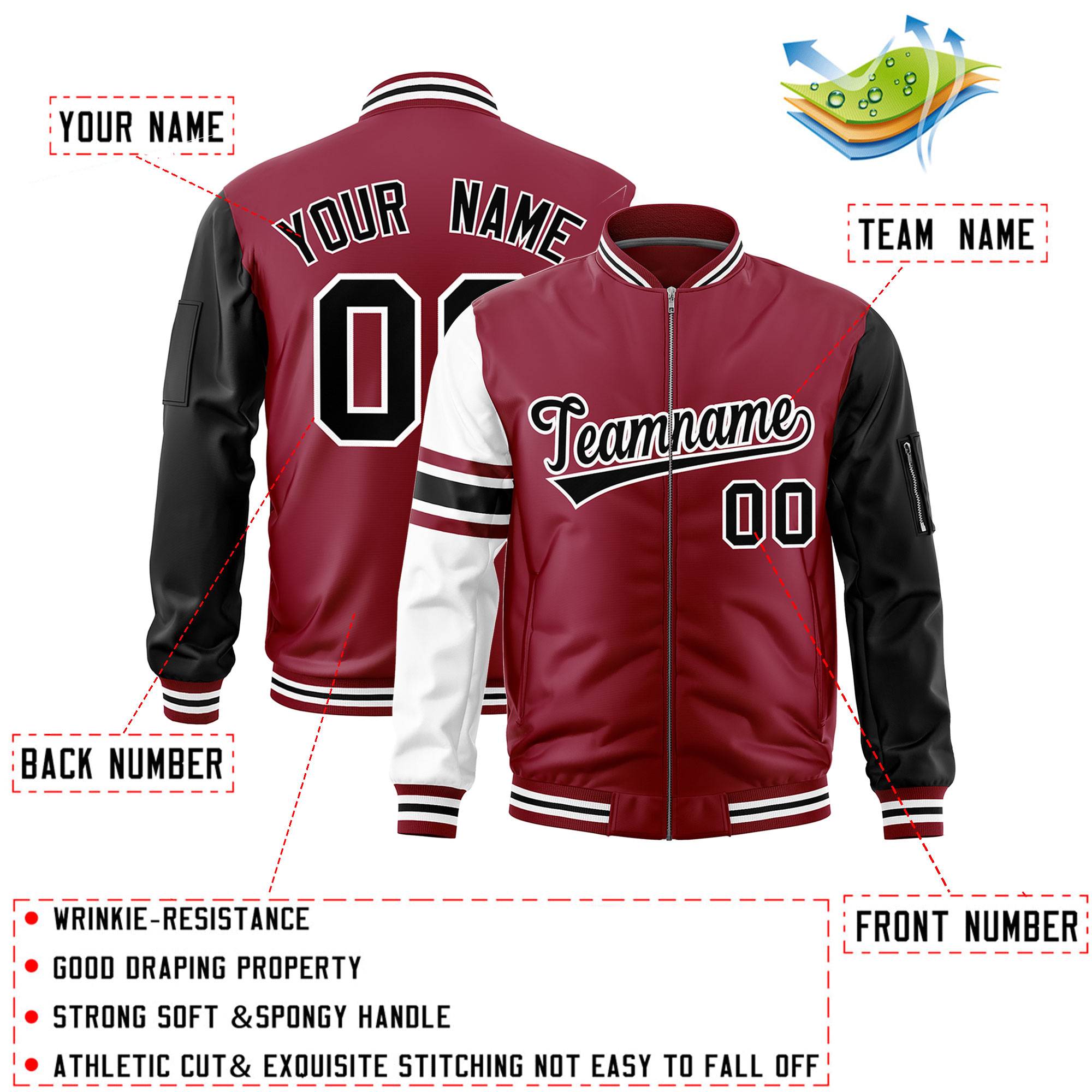 Custom Crimson Black-White Varsity Full-Zip Raglan Sleeves Stripe Letterman Bomber Jacket