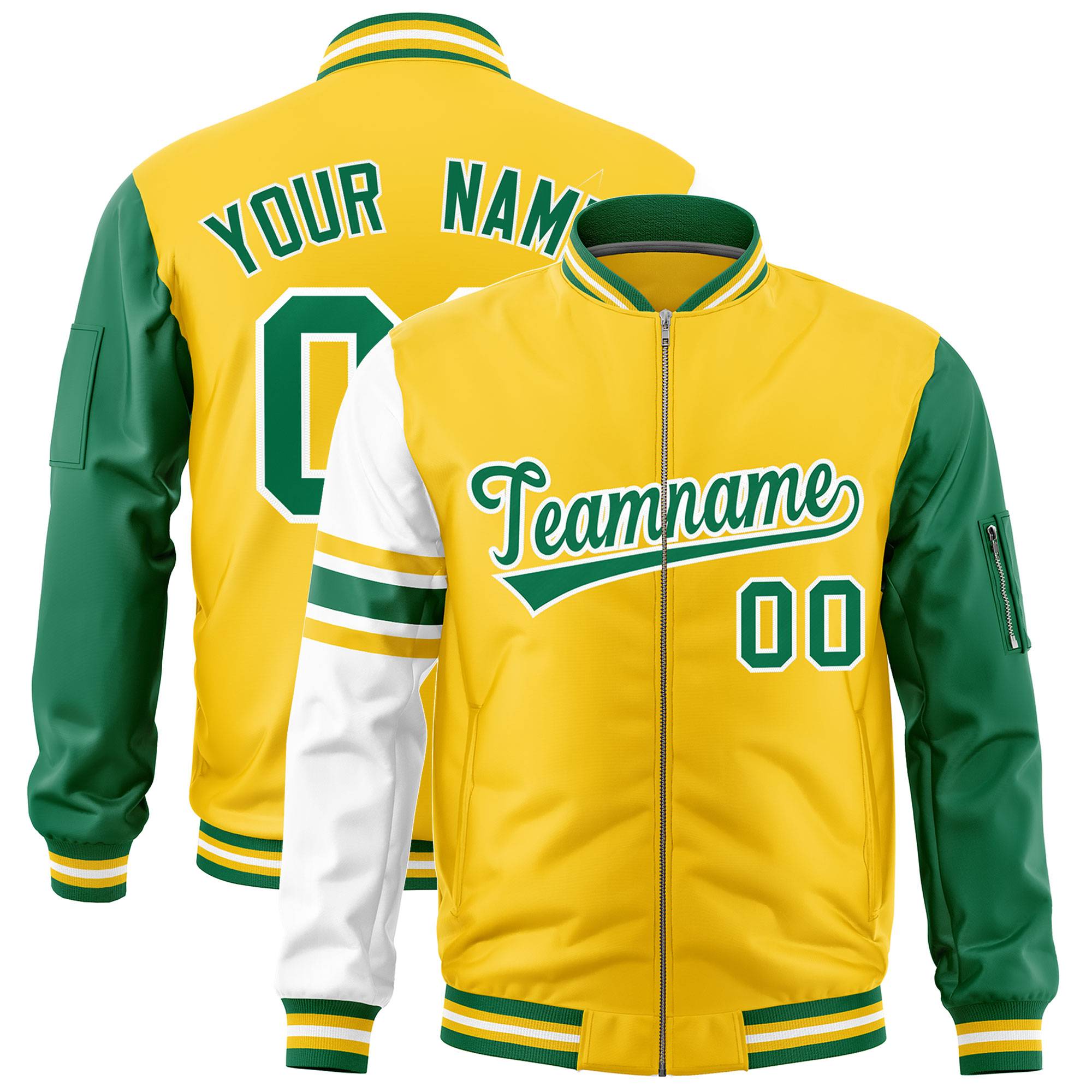 Custom Gold Kelly Green-White Varsity Full-Zip Raglan Sleeves Stripe Letterman Bomber Jacket