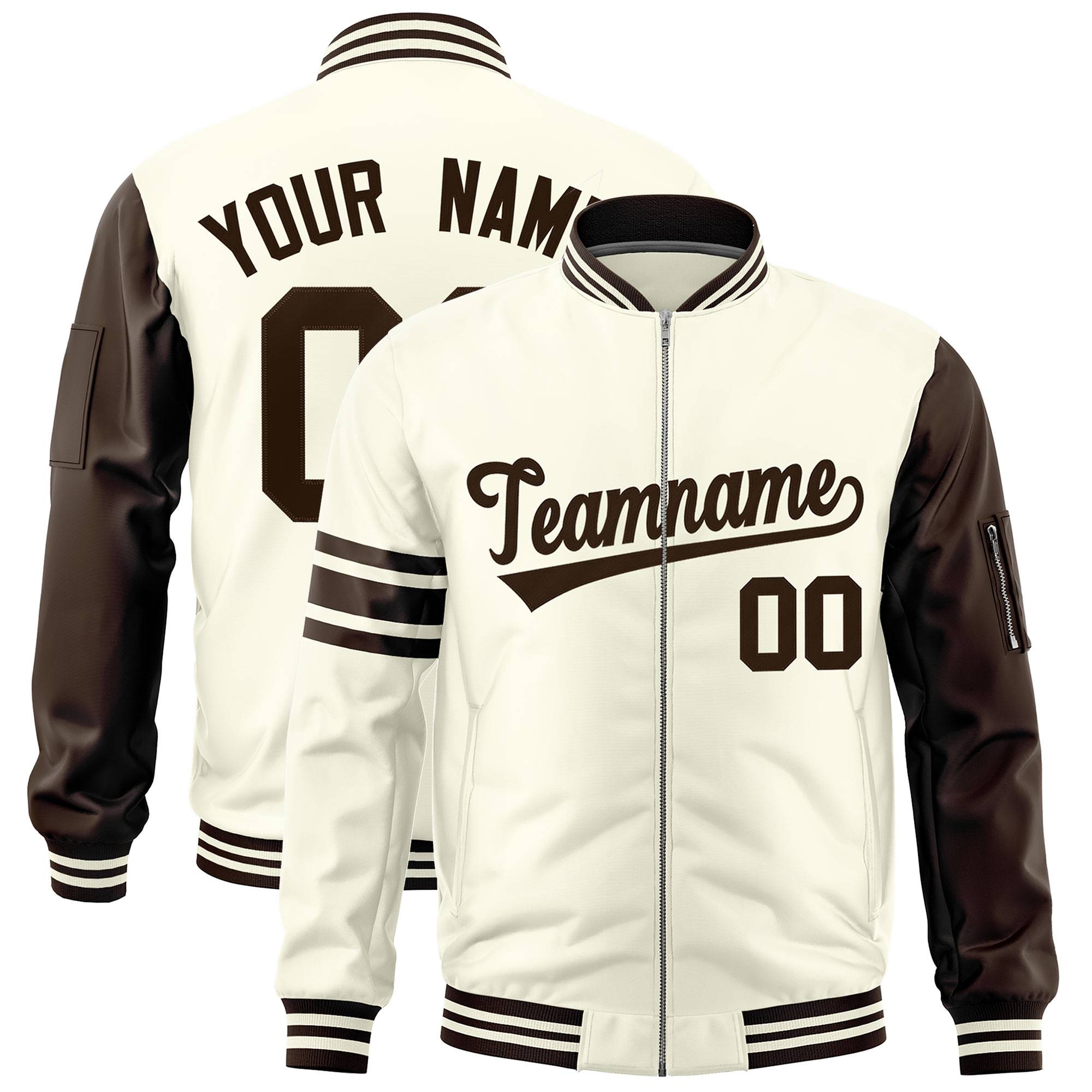 Custom Cream Brown Varsity Full-Zip Raglan Sleeves Stripe Letterman Bomber Jacket