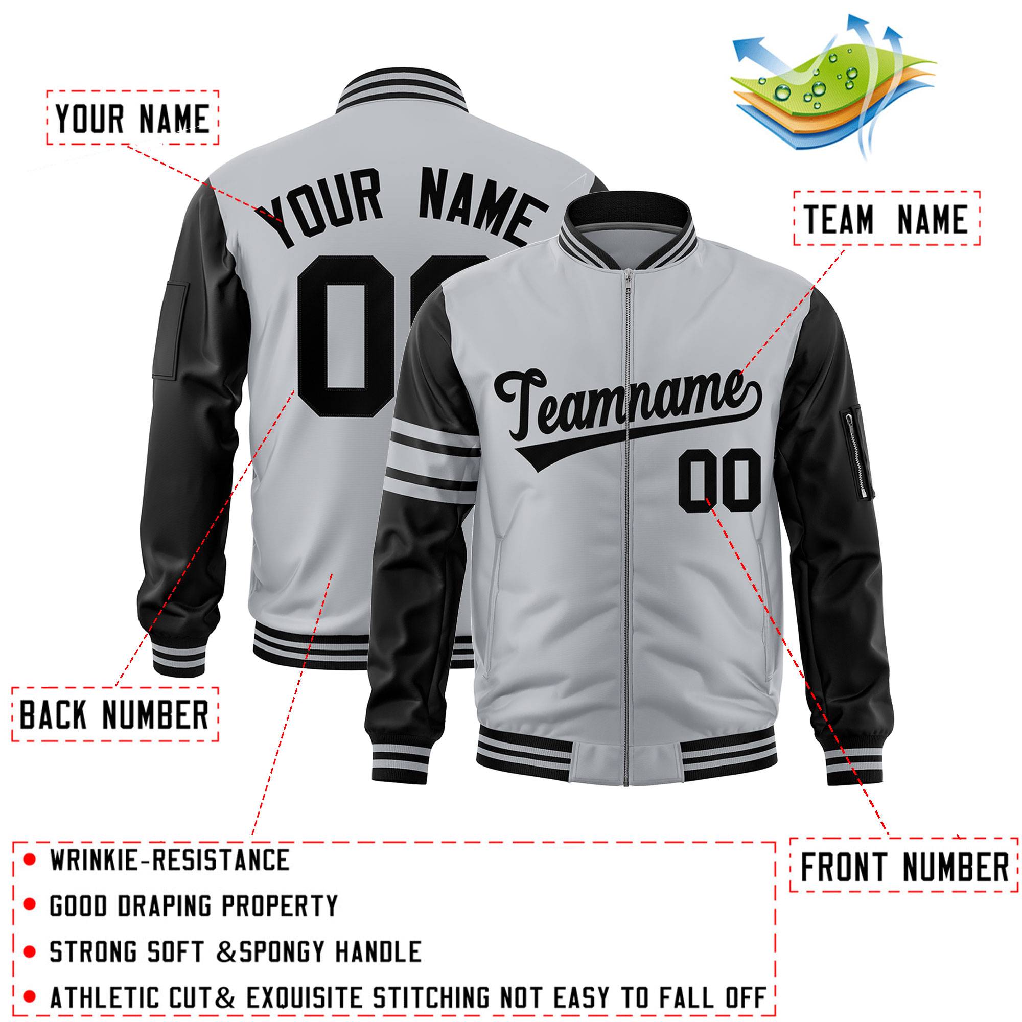 Custom Silver Black Varsity Full-Zip Raglan Sleeves Stripe Letterman Bomber Jacket