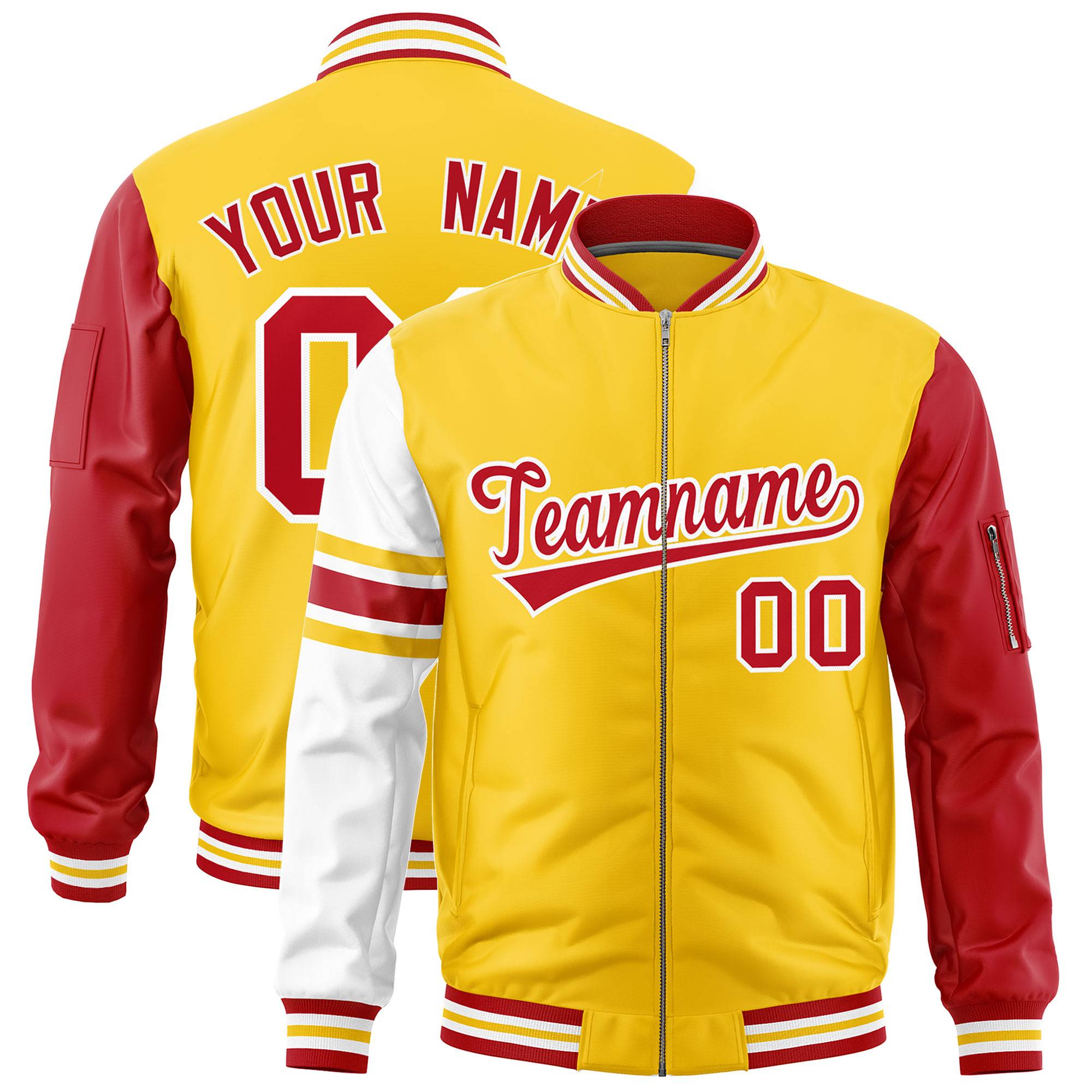 Custom Gold Red-White Varsity Full-Zip Raglan Sleeves Stripe Letterman Bomber Jacket