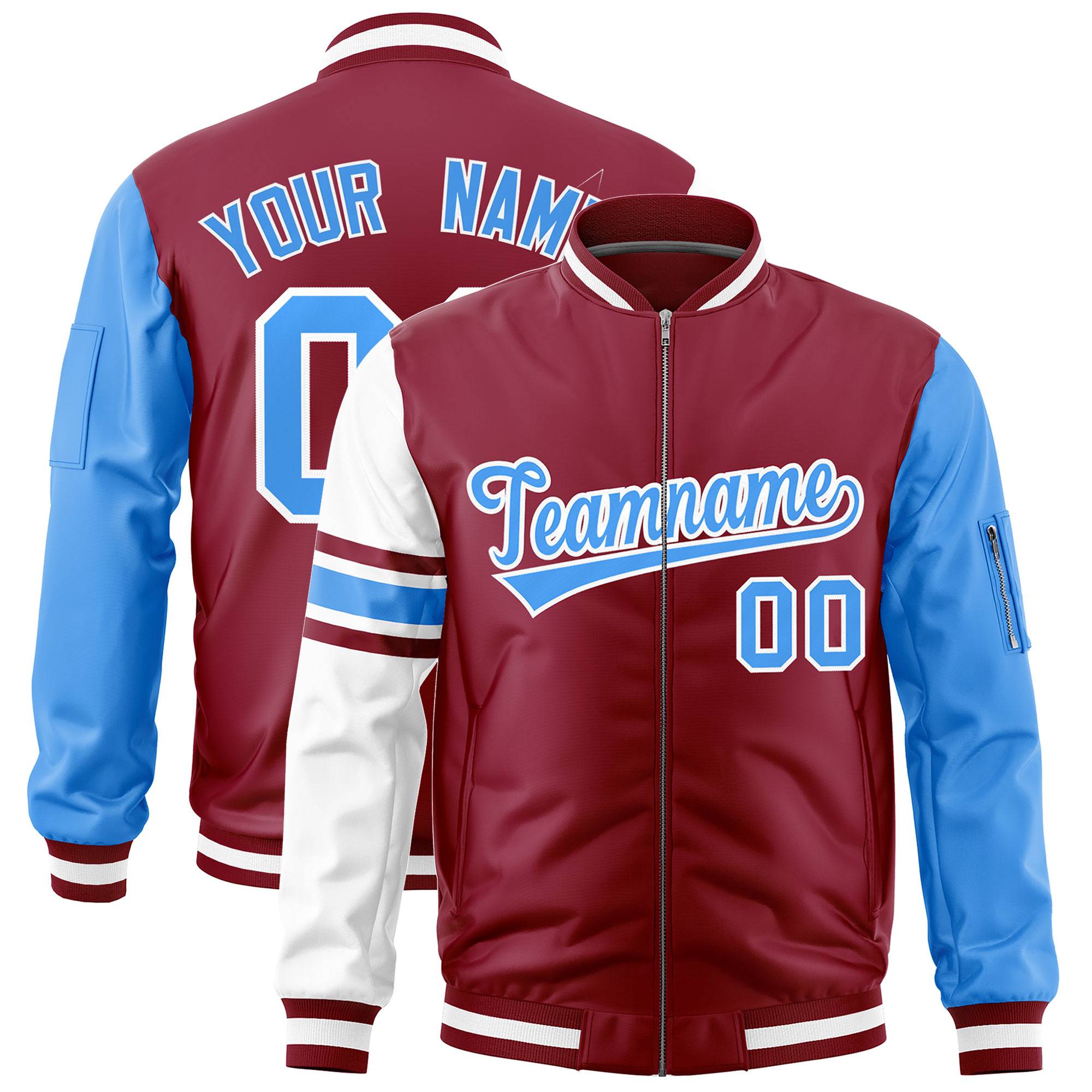 Custom Crimson Powder Blue-White Varsity Full-Zip Raglan Sleeves Stripe Letterman Bomber Jacket