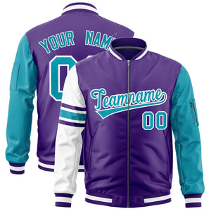 Custom Purple Aqua-White Varsity Full-Zip Raglan Sleeves Stripe Letterman Bomber Jacket