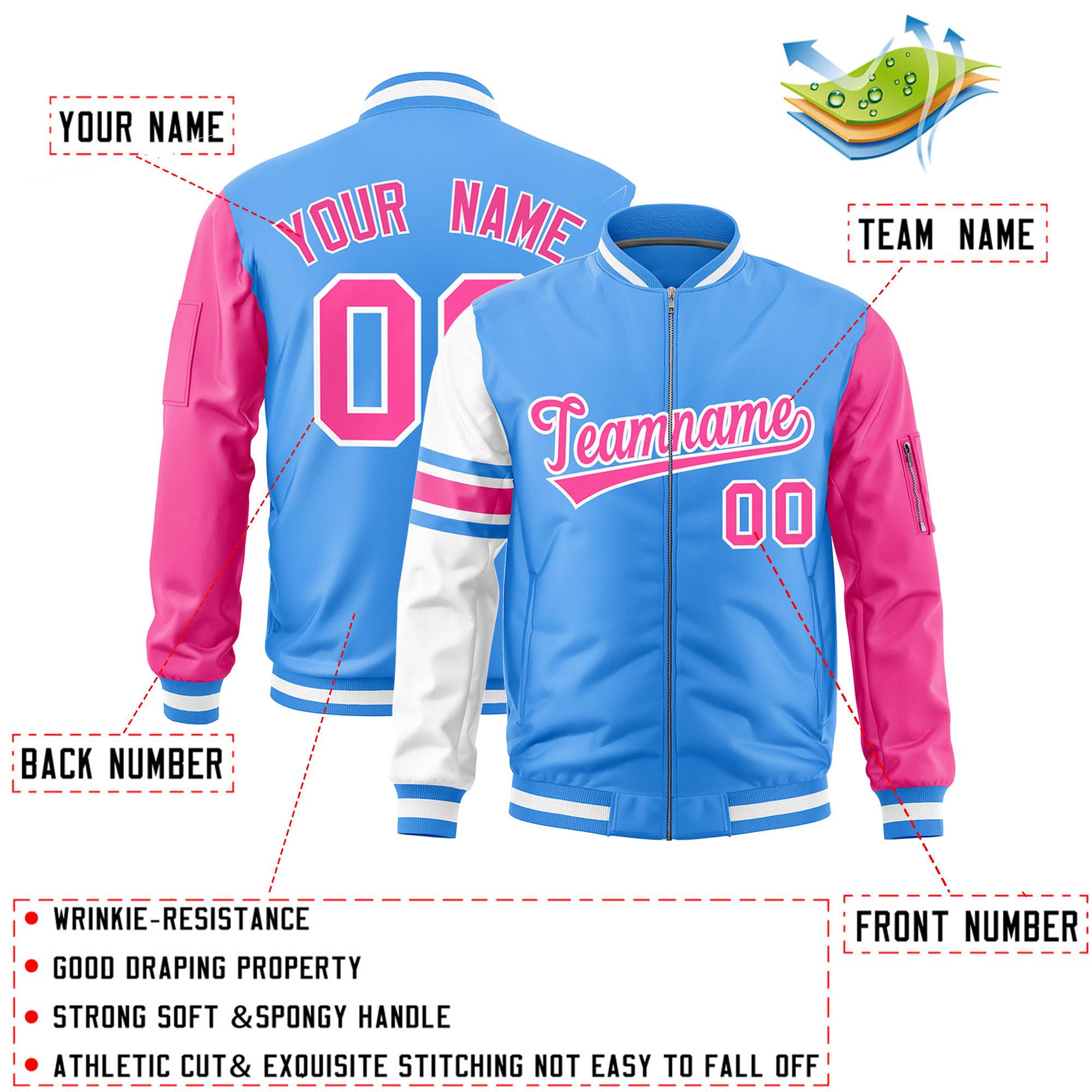 Custom Powder Blue Pink-White Varsity Full-Zip Raglan Sleeves Stripe Letterman Bomber Jacket