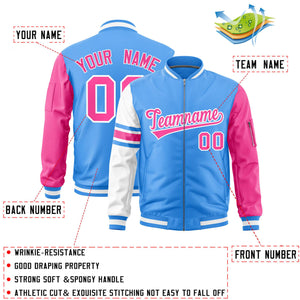 Custom Powder Blue Pink-White Varsity Full-Zip Raglan Sleeves Stripe Letterman Bomber Jacket