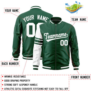 Custom Green White Varsity Full-Zip Raglan Sleeves Stripe Letterman Bomber Jacket