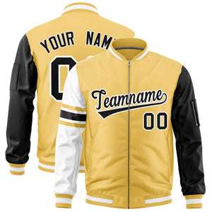 Custom Khaki Black-White Varsity Full-Zip Raglan Sleeves Stripe Letterman Bomber Jacket