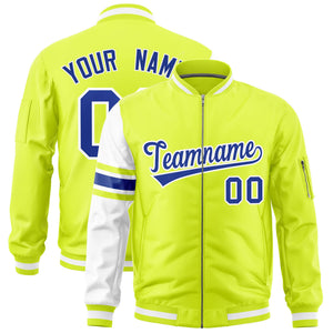 Custom Fluorescent Green White Varsity Full-Zip Raglan Sleeves Stripe Letterman Bomber Jacket