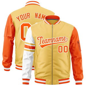 Custom Khaki Orange-White Varsity Full-Zip Raglan Sleeves Stripe Letterman Bomber Jacket